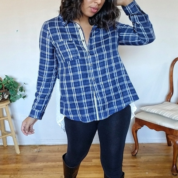 PRETTY IN PLAID BLUE CREAM SHIRT TOP - Picture 11 of 15